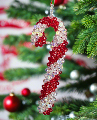 Peppermint Sparkle Crystal Beaded Candy Cane Ornament