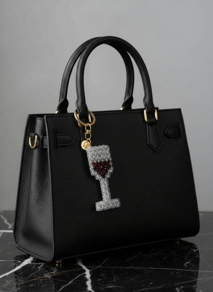 Beaded red wine in glass keychain.